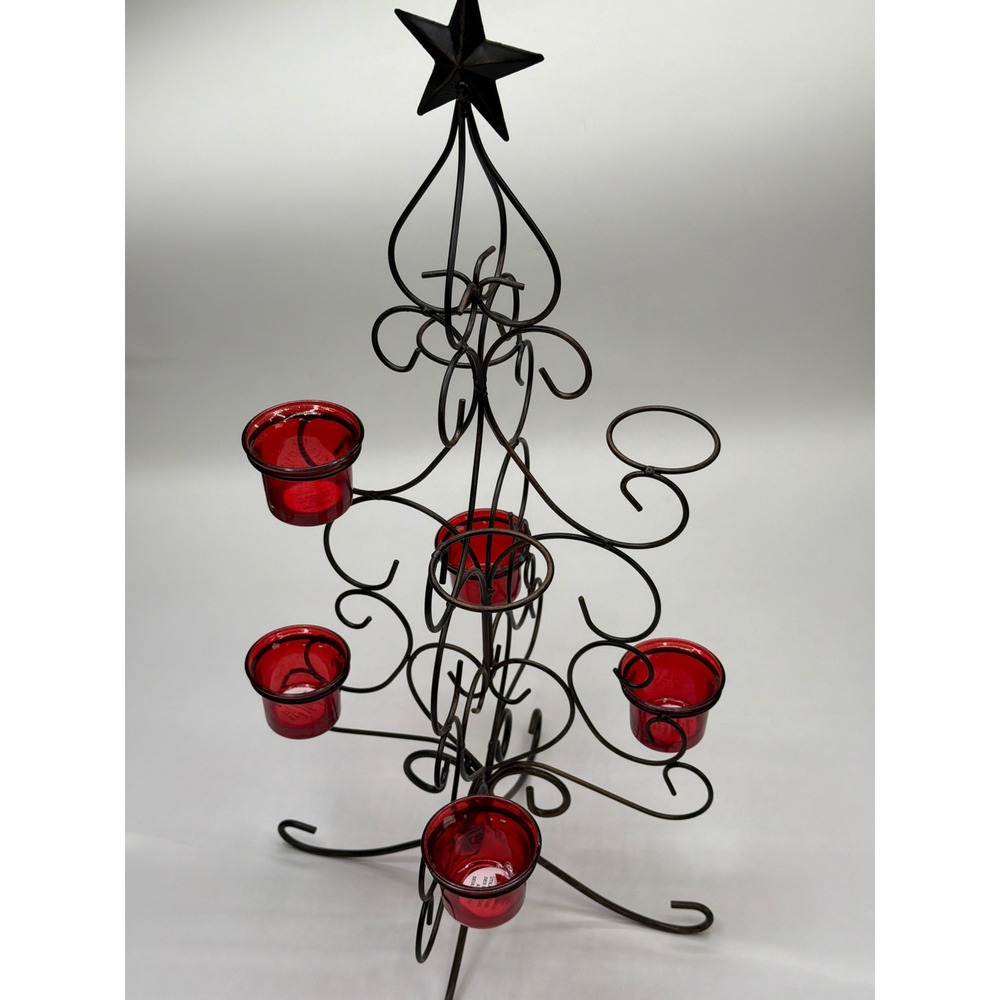 Pier Imports Black Metal Christmas Tree Votive Candle Holder Red Glass Cups Star